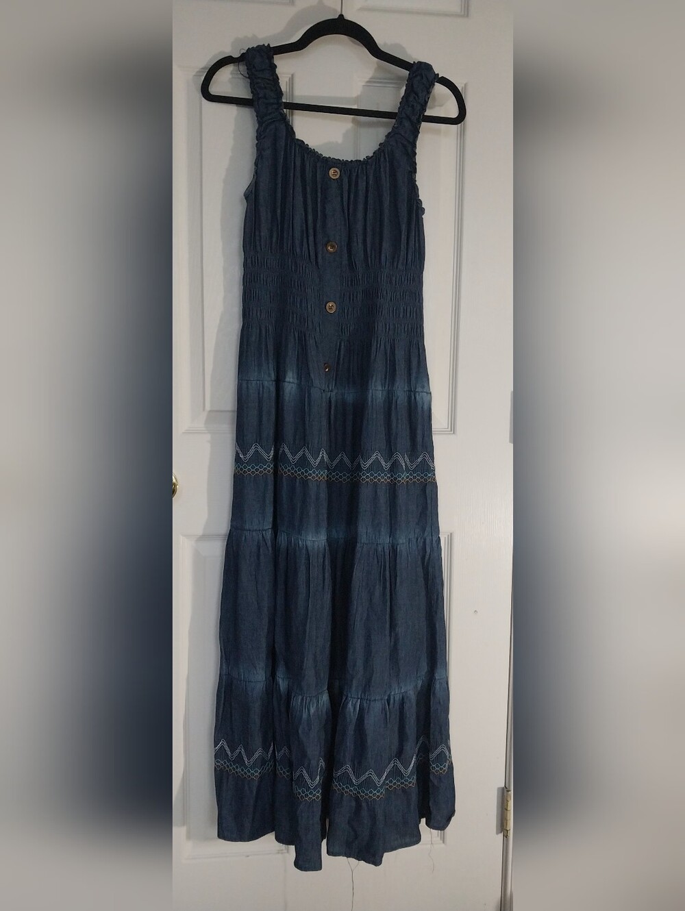 Lapis Blue 100% Cotton Chambray Smocked Tiered Embroidered Boho Maxi Dress L